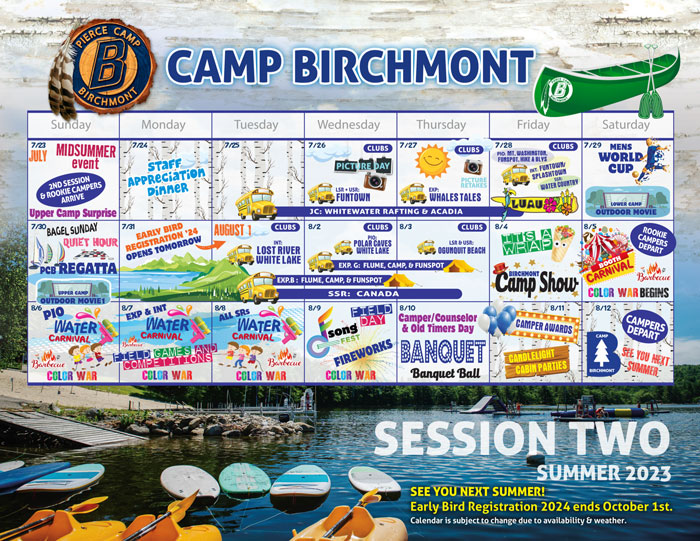 Camp Birchmont Summer Camp Calendars NH Kids Summer Camp